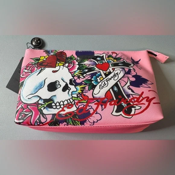 Ed Hardy Pink Cosmetic Bag with Skull cross heart Design large bag - Picture 1 of 7